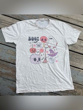 Next Level Apparel White Halloween Ghost & Skull Graphic Tee